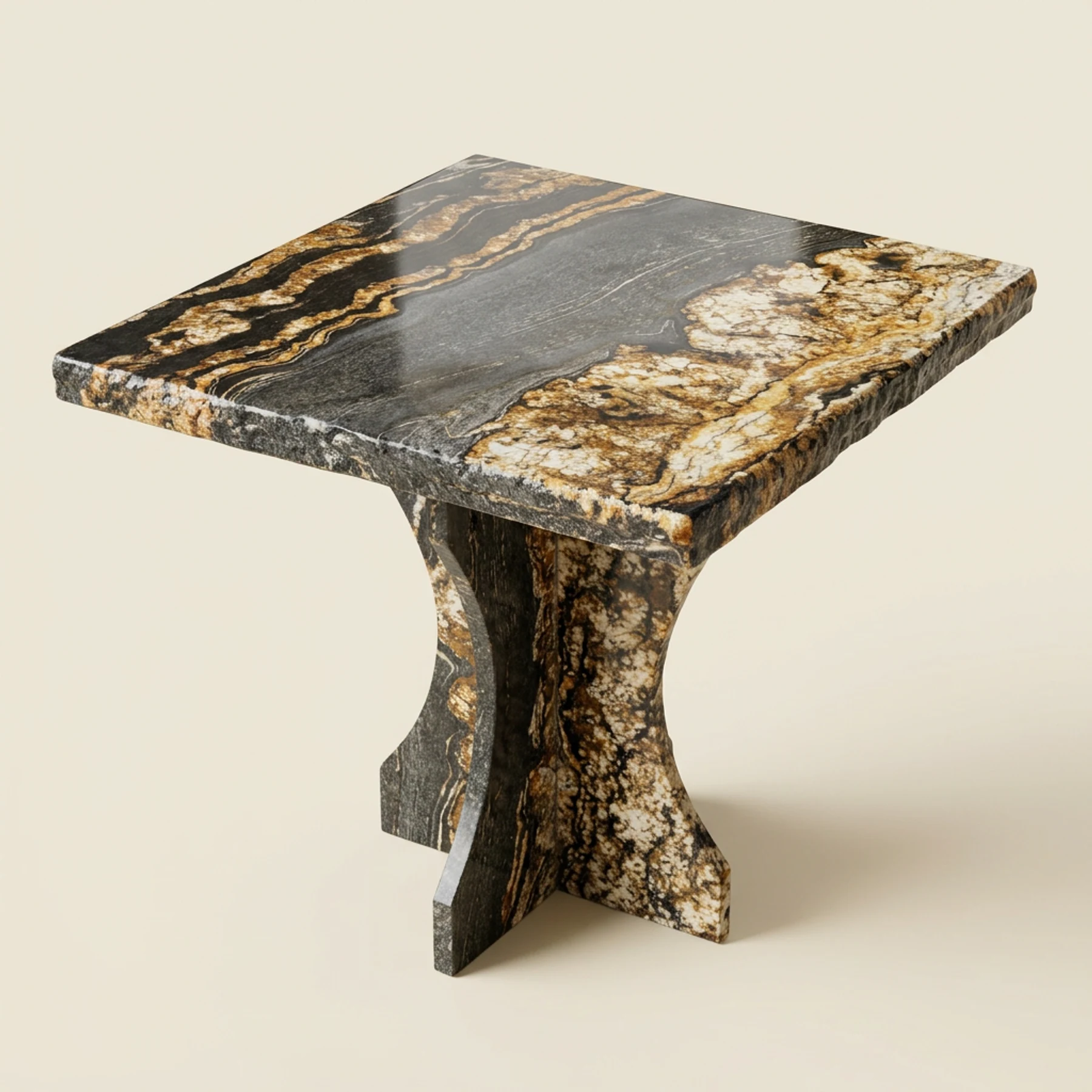 Concept render, not a photograph: Front three-quarter studio illustration of the complete 30 by 26 inch black and gold granite table with its included crossed stone base, polished top, and handcrafted textured edges