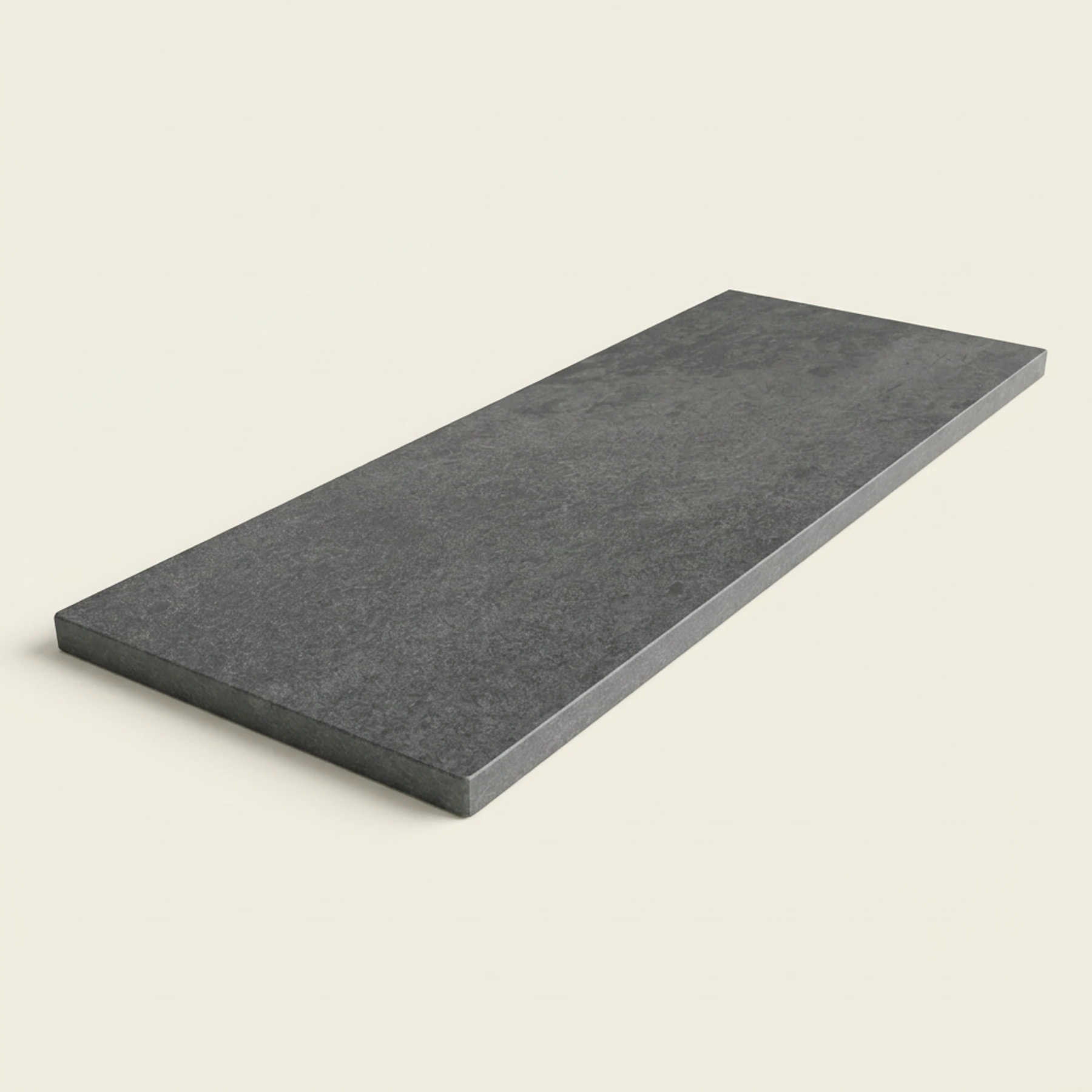 Concept render, not a photograph: Complete studio illustration of the 98 by 33 inch leather-finish granite tabletop, with charcoal-gray mineral speckling and a low-sheen textured surface; no base or blue tags