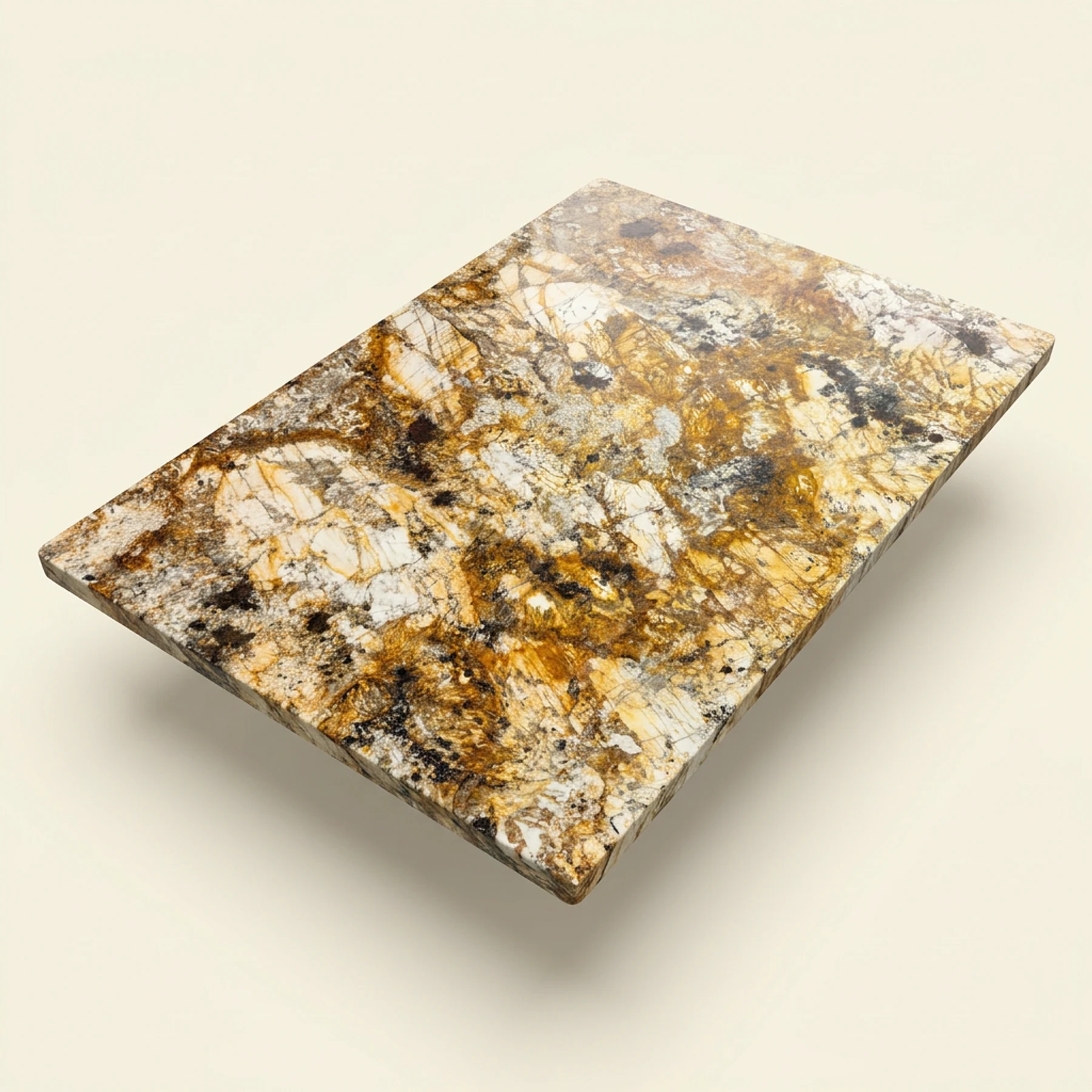 Concept render, not a photograph: Complete studio illustration based on the owner’s photos of the compact 51.5 by 35.5 inch orange and gold granite tabletop, showing cream crystalline patches, amber mineral areas and dark veining; tabletop only, no base or tags