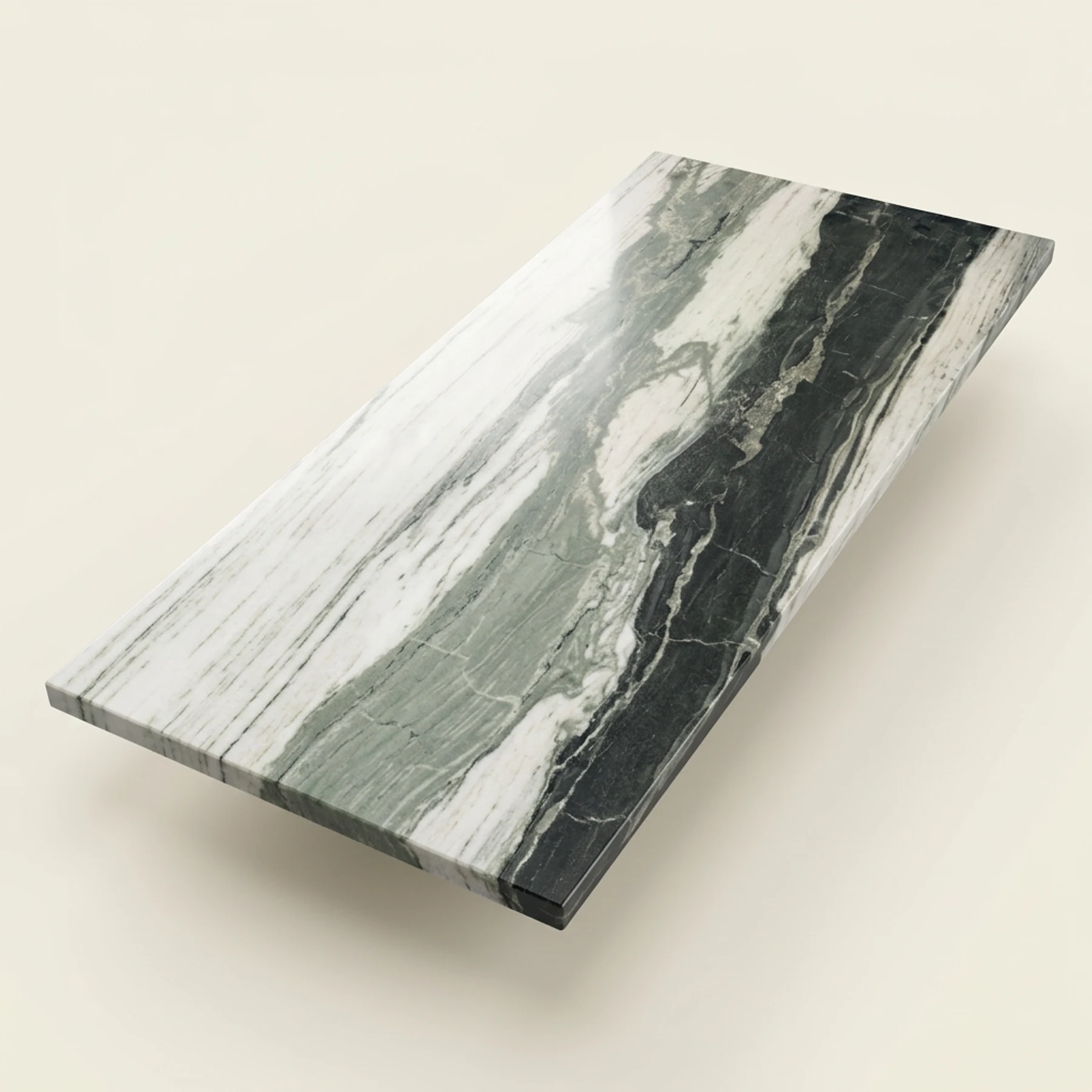 Concept render, not a photograph: Complete studio illustration of the 75 by 30.5 inch marble tabletop, with ivory-white stone, sweeping gray-green mineral bands, and a dark charcoal band; tabletop only, no base or blue tags