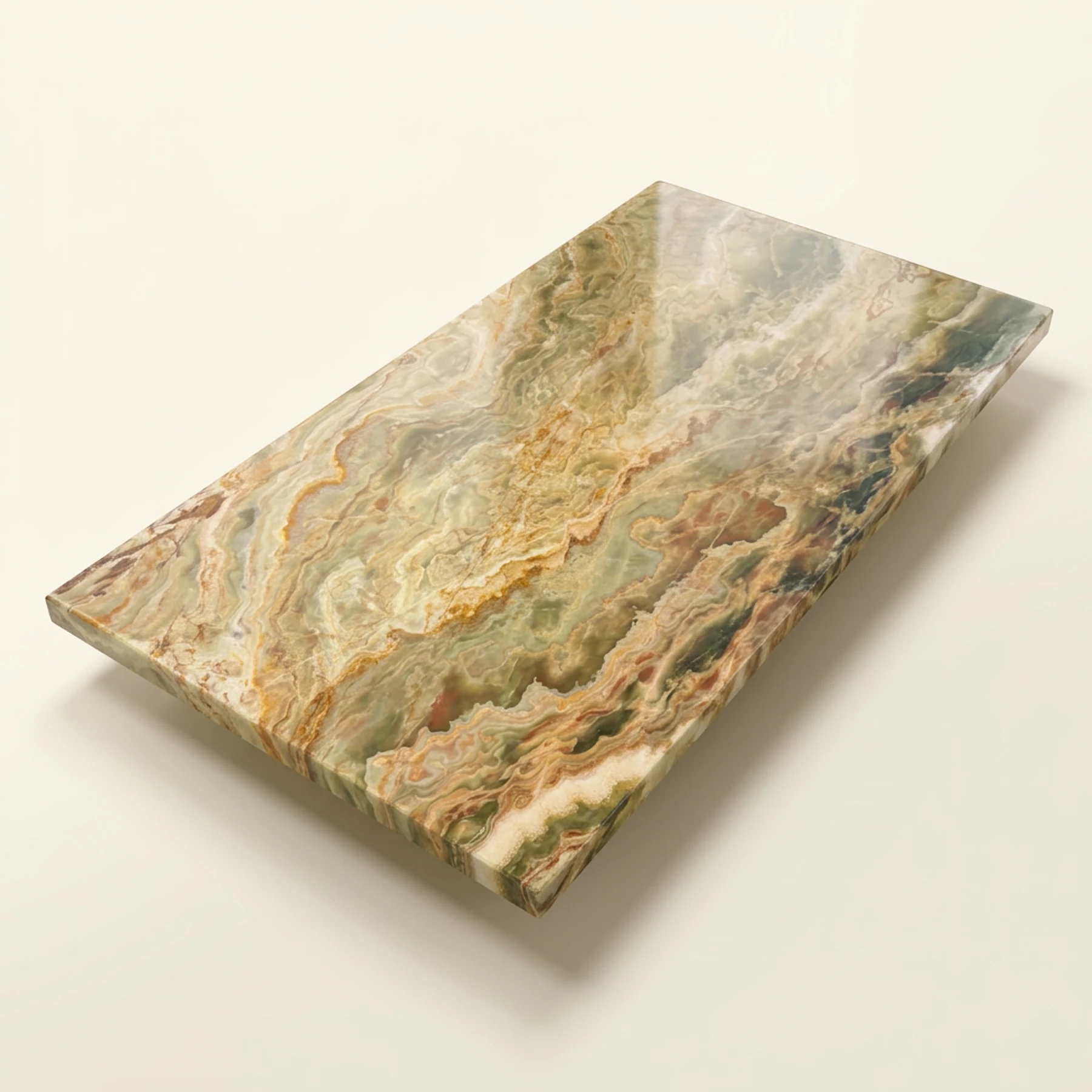 Concept render, not a photograph: Complete studio illustration based on the dedicated photos of the 97 by 48 inch onyx tabletop, preserving its flowing sage-green, cream, honey and rust-brown mineral bands; tabletop only, no base or blue tags