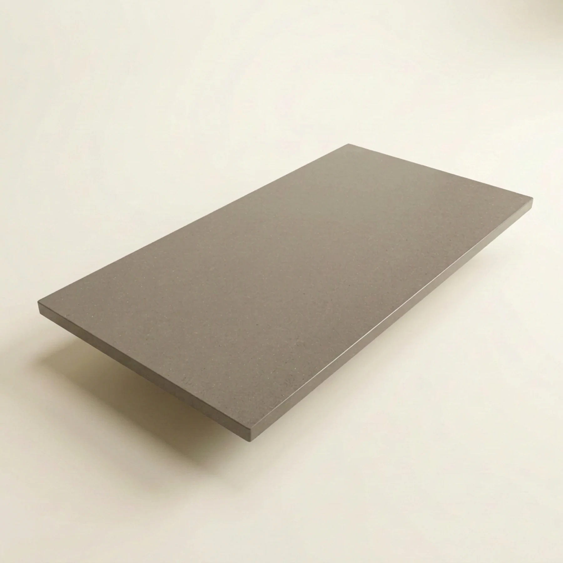 Concept render, not a photograph: Complete studio illustration of the 78 by 40 inch gray quartz tabletop, reconstructed from its latest broad-face photos and verified own blue tag; all four corners visible, tabletop only, no base or tags; exact surface finish and edges are illustrative