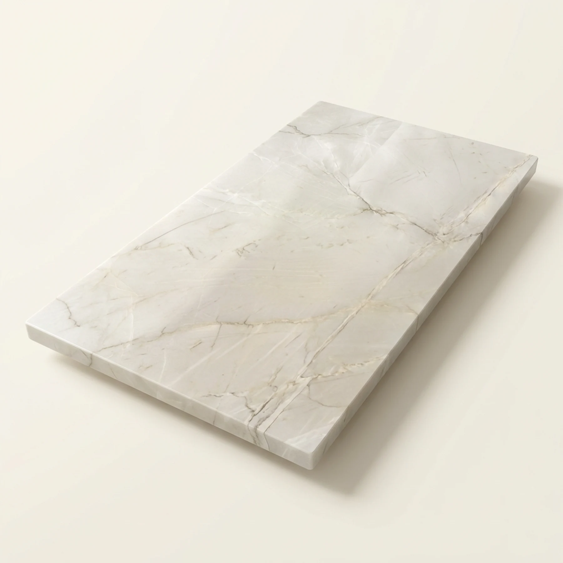 Concept render, not a photograph: Complete studio illustration of the separate 72 by 34 inch quartzite tabletop, with ivory-gray mineral fields and delicate branching seams; tabletop only, no base or blue tags