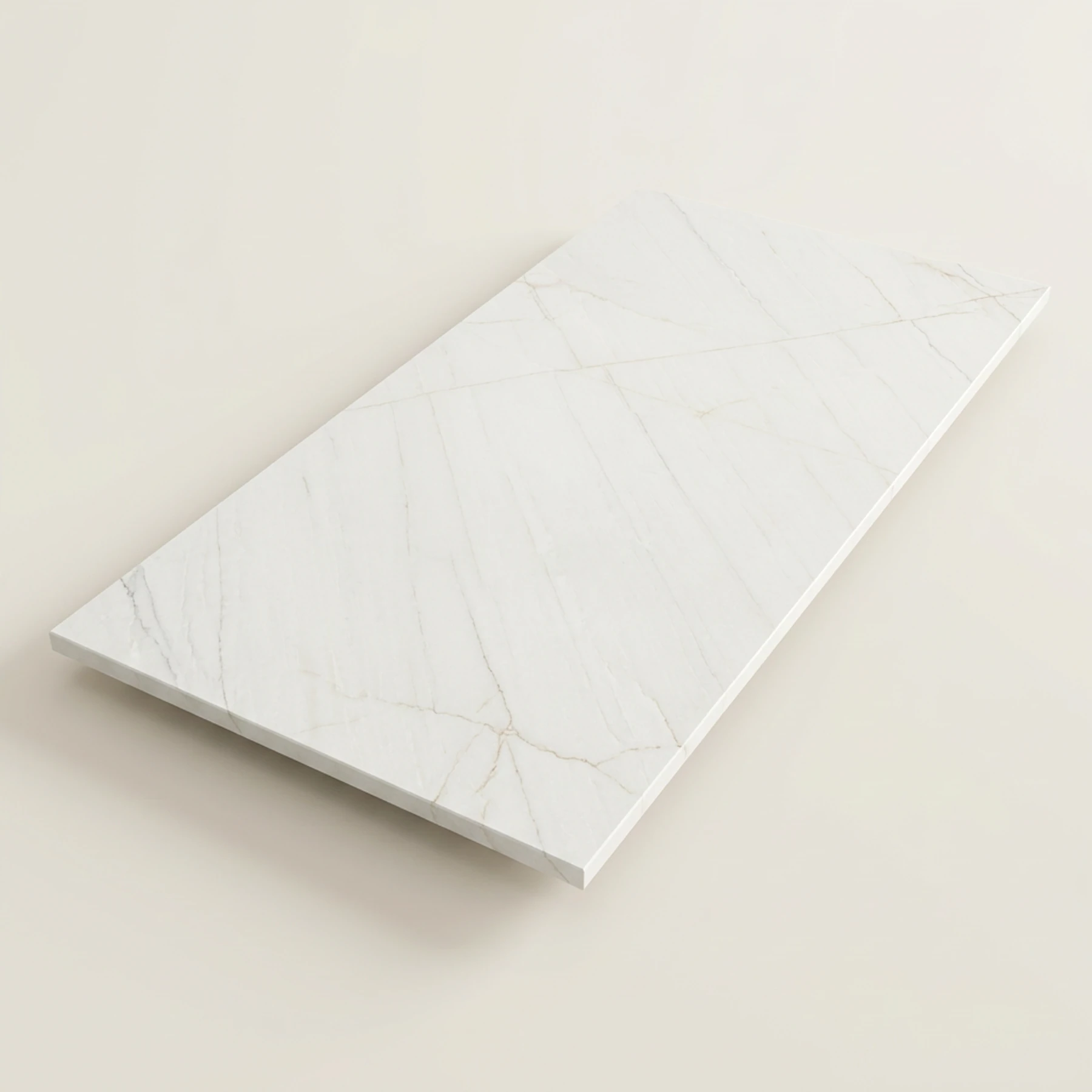 Concept render, not a photograph: Complete three-quarter studio illustration of the separate 78 by 40 inch white quartzite tabletop with fine diagonal gray veins and warm beige-taupe accents; no base or blue tag; reconstructed appearance is illustrative