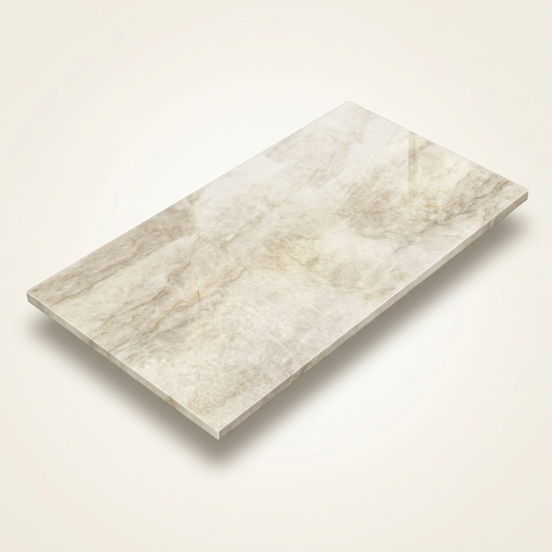 Concept render, not a photograph: Studio illustration of the complete 78 by 40 inch Taj Mahal stone tabletop, showing creamy ivory and warm taupe mineral bands; tabletop only, no base