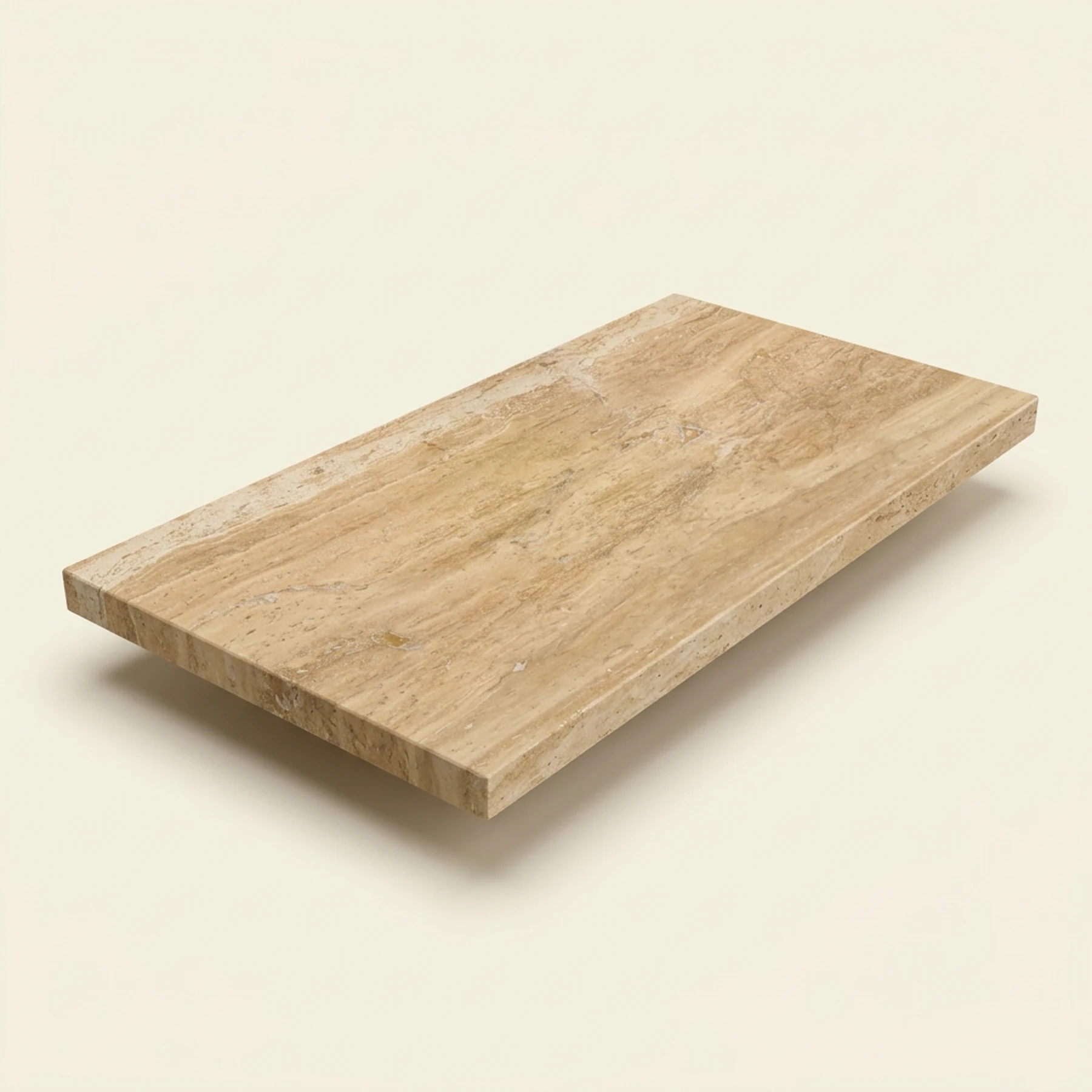Concept render, not a photograph: Complete studio illustration of the 72 by 34 inch travertine tabletop, with warm tan and cream sedimentary layers; tabletop only, no base or blue tags