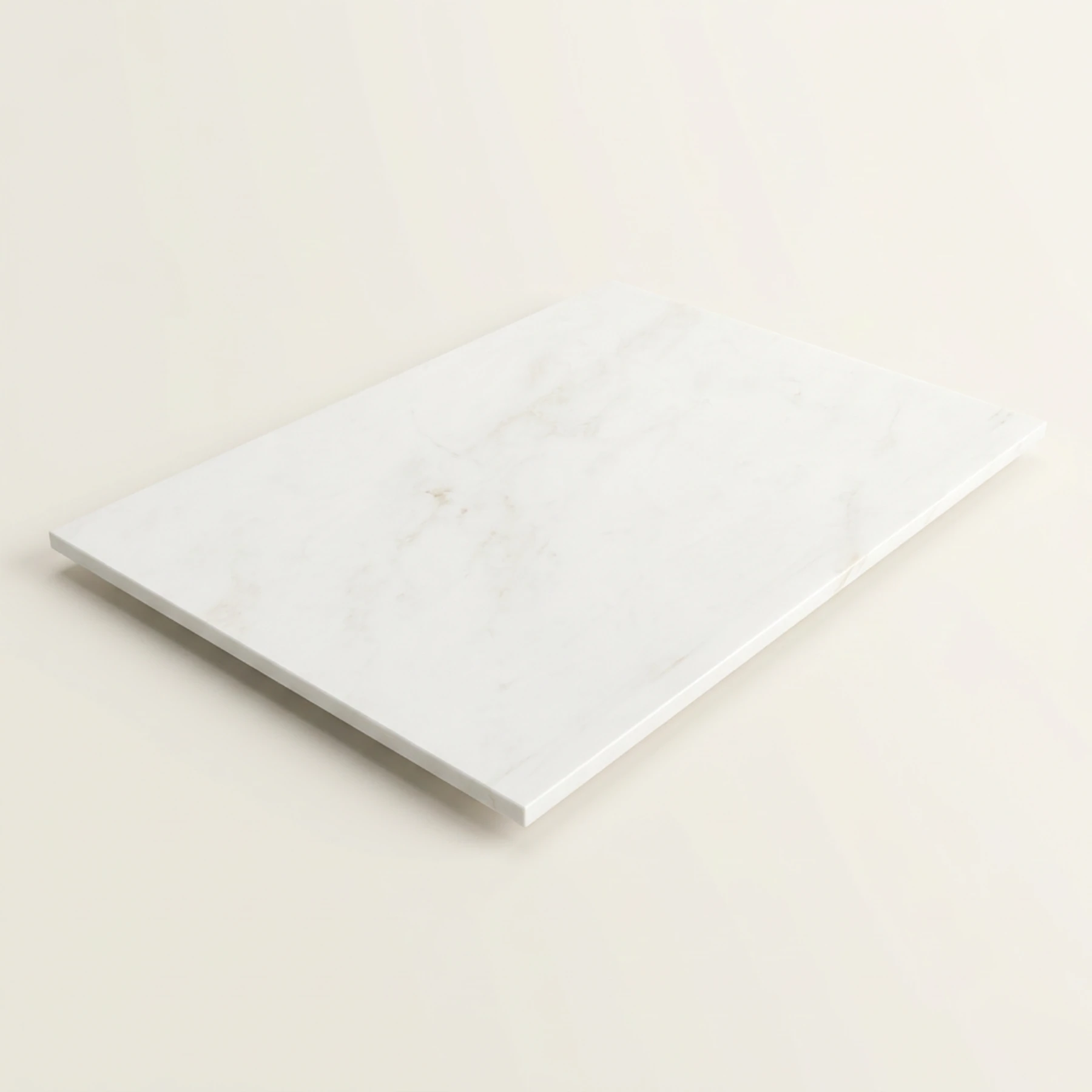 Concept render, not a photograph: Complete three-quarter studio illustration of the separate 60 by 42 inch white marble tabletop with faint warm taupe and light brown-gray mineral markings; no base or blue tag; reconstructed appearance is illustrative
