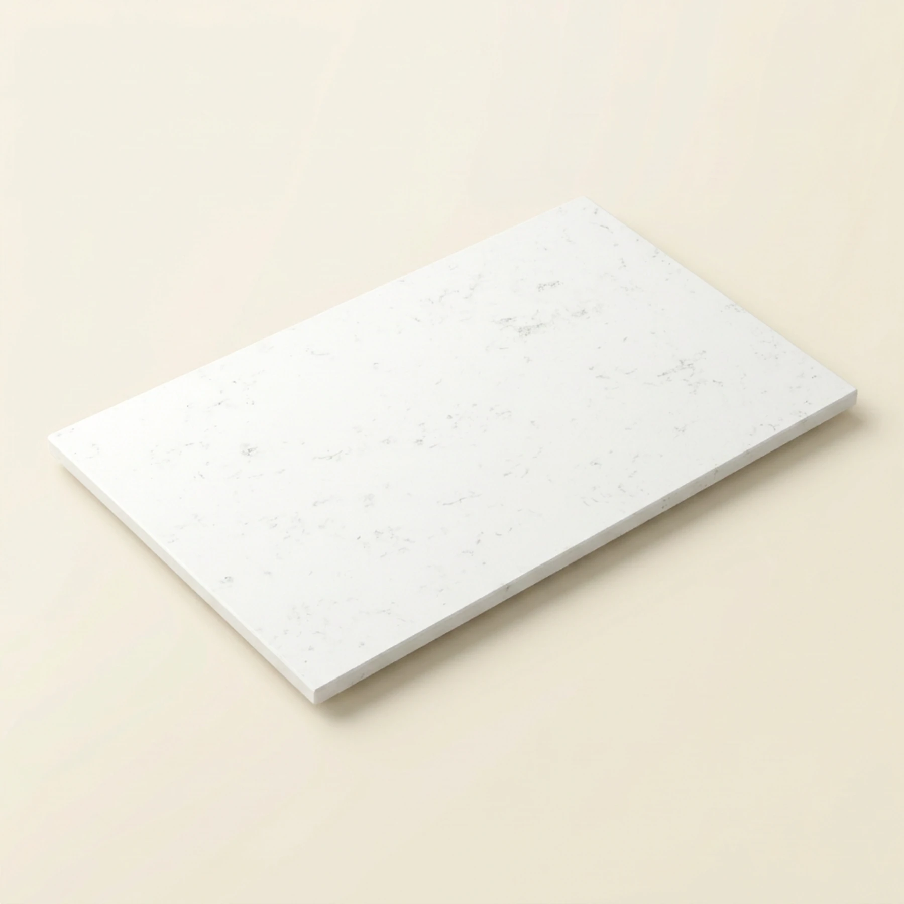 Concept render, not a photograph: Complete three-quarter studio illustration of the owner-confirmed 63 by 38 inch white marble tabletop, with a clean white base and small natural gray and black markings; dust and workshop color casts removed; no base or tags; reconstructed appearance is illustrative