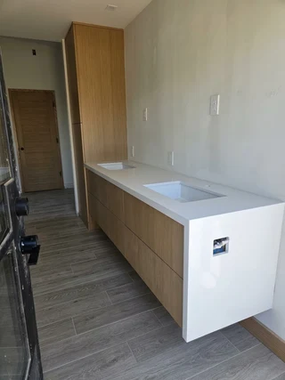 Double quartzite vanity in a Tempe residence bathroom