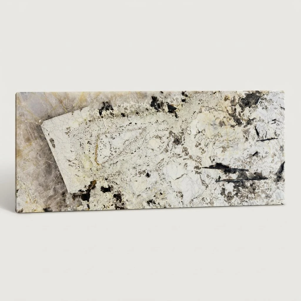 Concept render, not a photograph: Full studio view of the 60 by 26 inch white and charcoal granite tabletop, with bold dark mineral clusters, gray crystalline areas, warm accents, and polished shine; no base