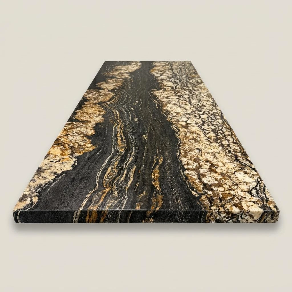 Concept render, not a photograph: Full three-quarter studio view of the 100 by 36 inch black and gold granite tabletop, with flowing dark mineral bands, cream-gold crystalline clusters, and polished shine; no base