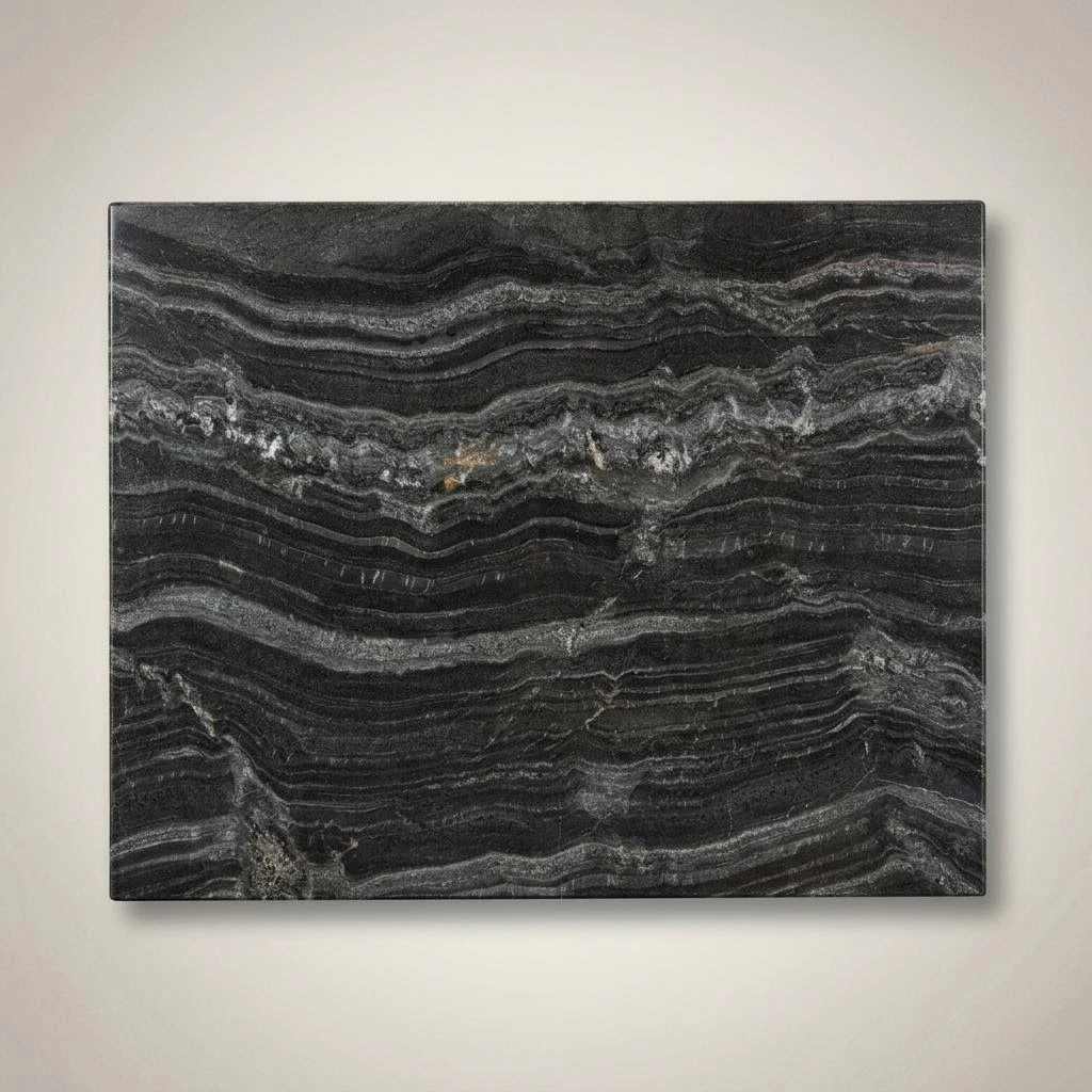 Concept render, not a photograph: Full studio view of the 30 by 24 inch granite coffee tabletop, with charcoal-gray coloring, flowing silver-white mineral bands, and polished shine; no base