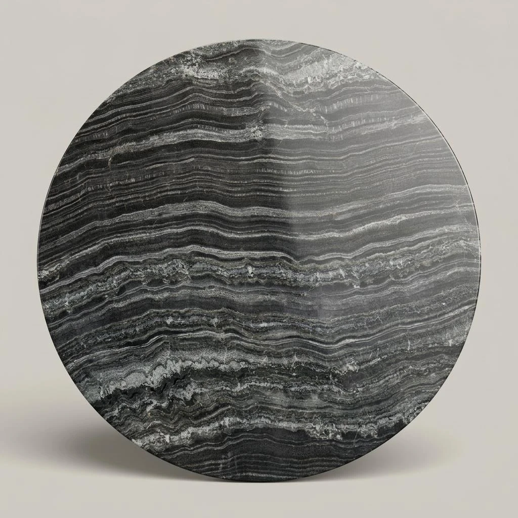 Concept render, not a photograph: Full studio view of the 48 inch diameter round granite tabletop, with charcoal-gray coloring, flowing silver-white bands, and polished shine; no base