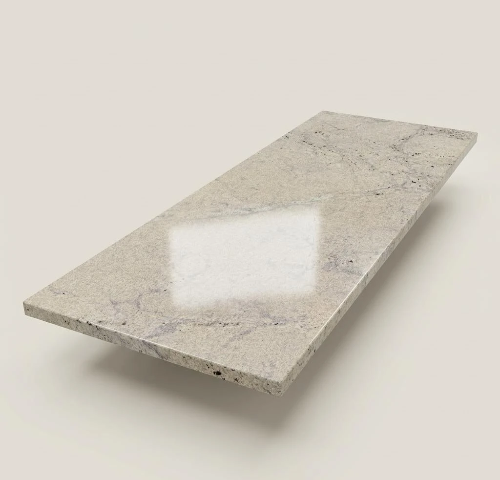 Concept render, not a photograph: Full studio view of the 74 by 36 inch speckled granite tabletop with cream-gray coloring, fine dark mineral flecks, and polished shine; no base