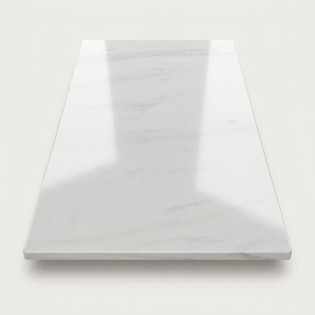 Concept render, not a photograph: Clean studio front view based on the 62 by 35 inch marble tabletop, with a pale gray-white surface, soft veining, polished reflections, and no base