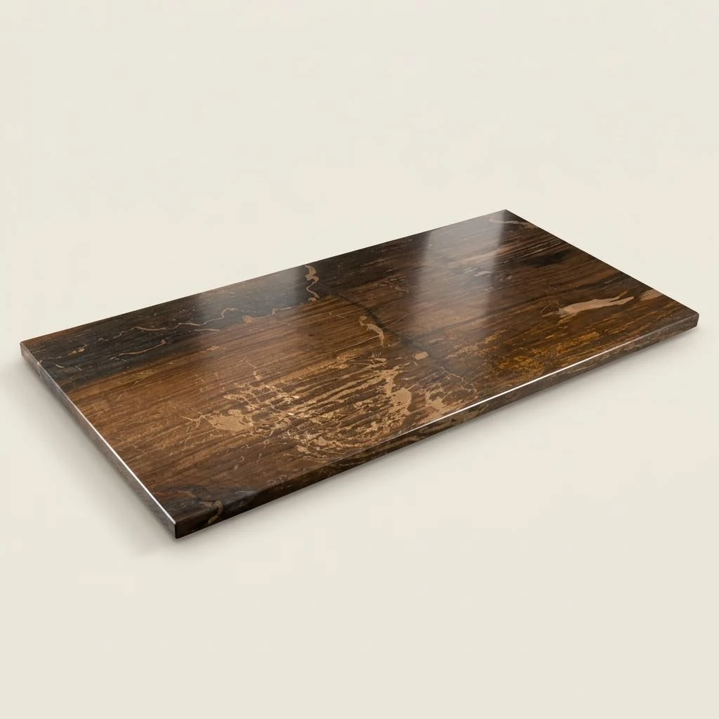 Concept render, not a photograph: Full angled studio view of the 82 by 37.5 inch petrified wood tabletop, with rich brown and gold mineral grain, pale mineral seams, and polished shine; no base
