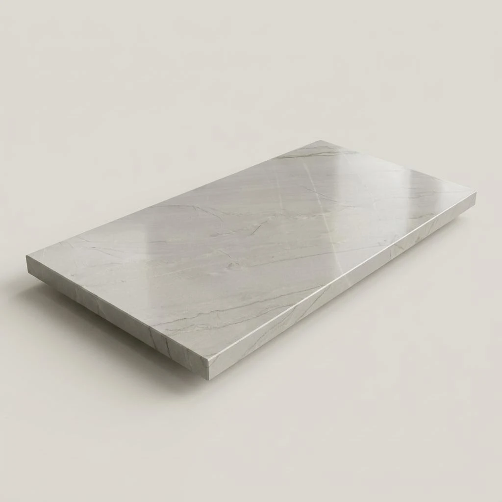 Concept render, not a photograph: Full studio view of the 48 by 24 inch gray quartzite tabletop with pale intersecting veins and polished shine; tabletop only, no base