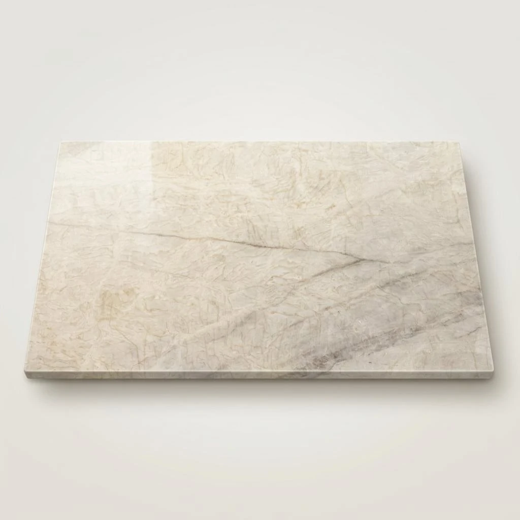Concept render, not a photograph: Full studio view of the 62 by 32 inch Taj Mahal stone tabletop, with warm ivory and beige coloring, delicate gray-taupe veins, and polished shine; no base
